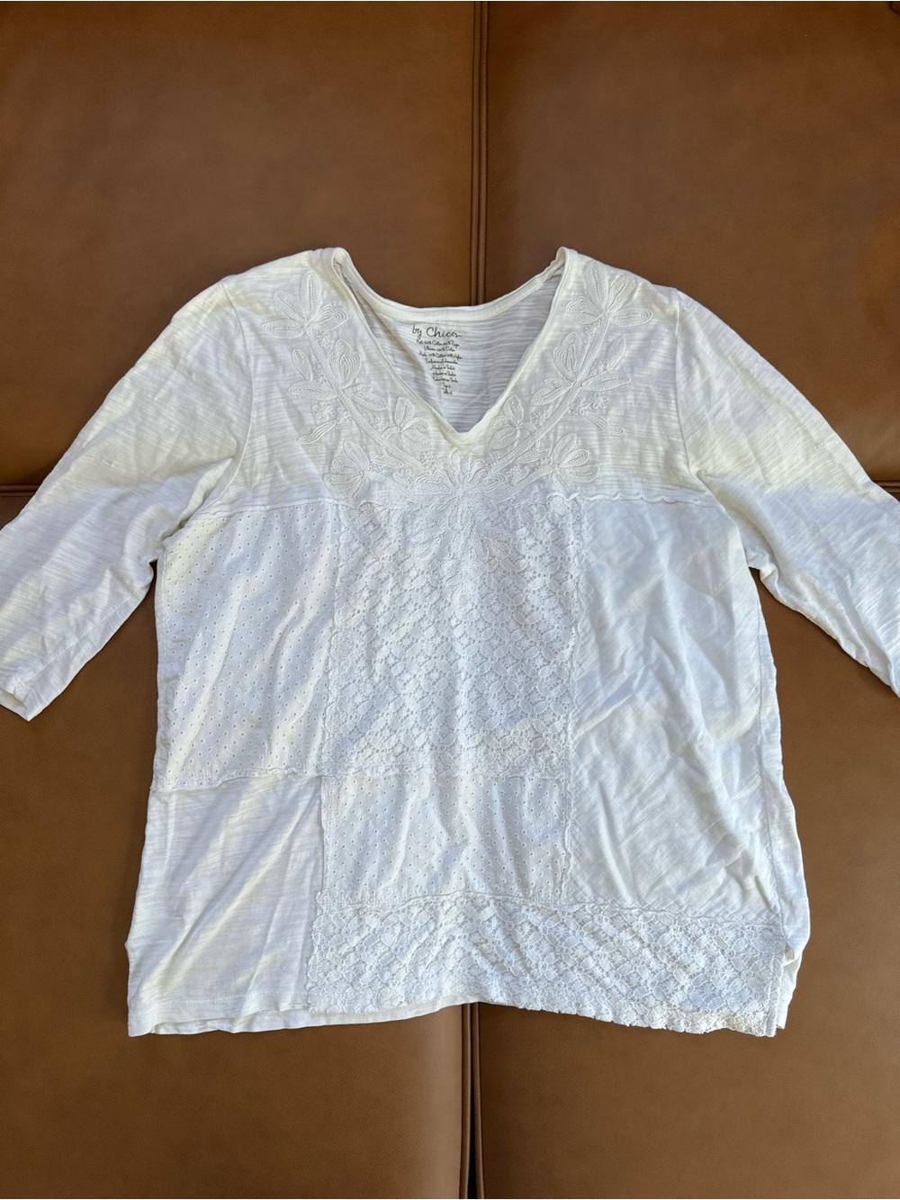 Chico’s Sz 2 Cotton Embroidered White Lace-Detail V-Neck Top Boho Coastal